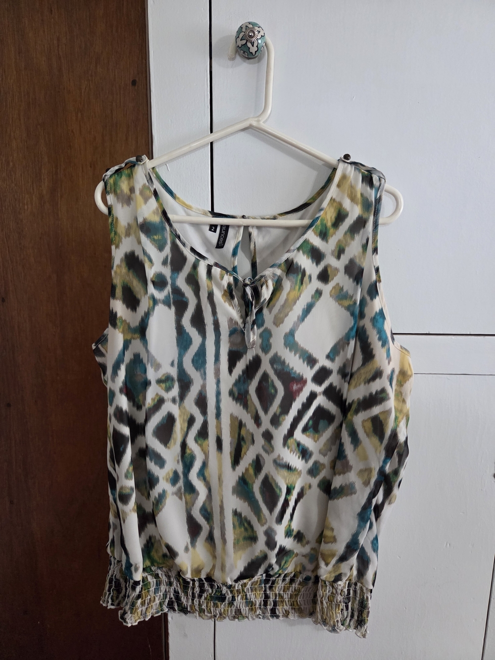 Maurices White Tank Top with Teal, Yellow & Gray Geometric Print